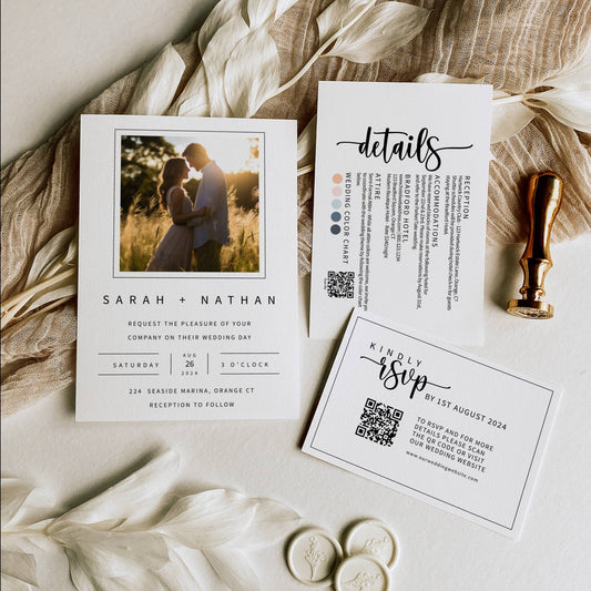 Modern Photo Wedding Invitation Suite, Details Card with QR Code, RSVP Card with QR Code