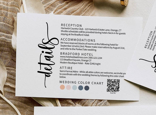 Modern Details Card, Minimalist Wedding Invitation Insert, Enclosure Card, Wedding Website, Accommodation, Editable, Instant, RSVP,Printable