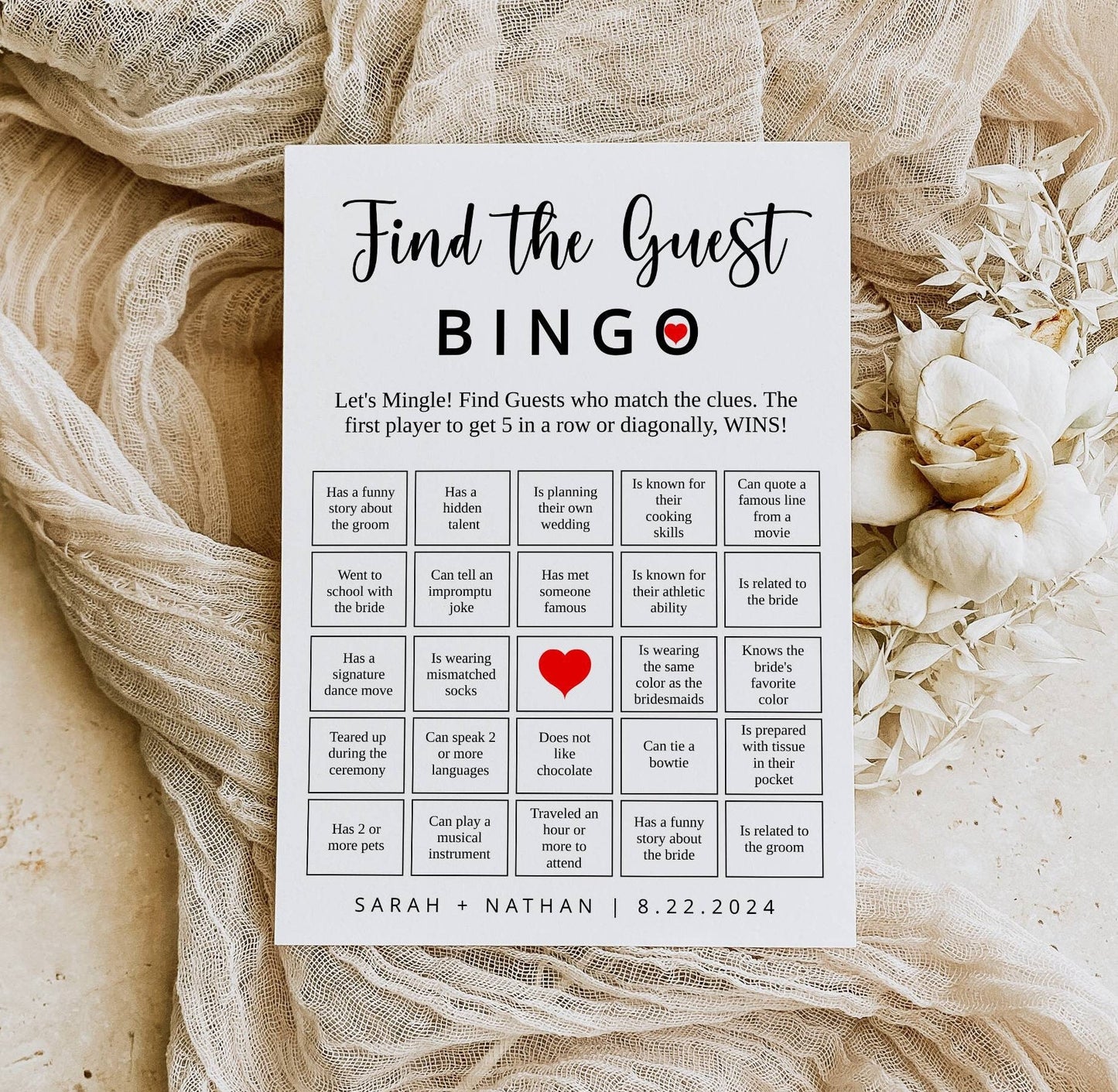 Find the Guest Bingo, Modern Wedding Game, Reception Bingo, Minimalist Shower Game Card, Get to Know You Game, Edit with Templett,