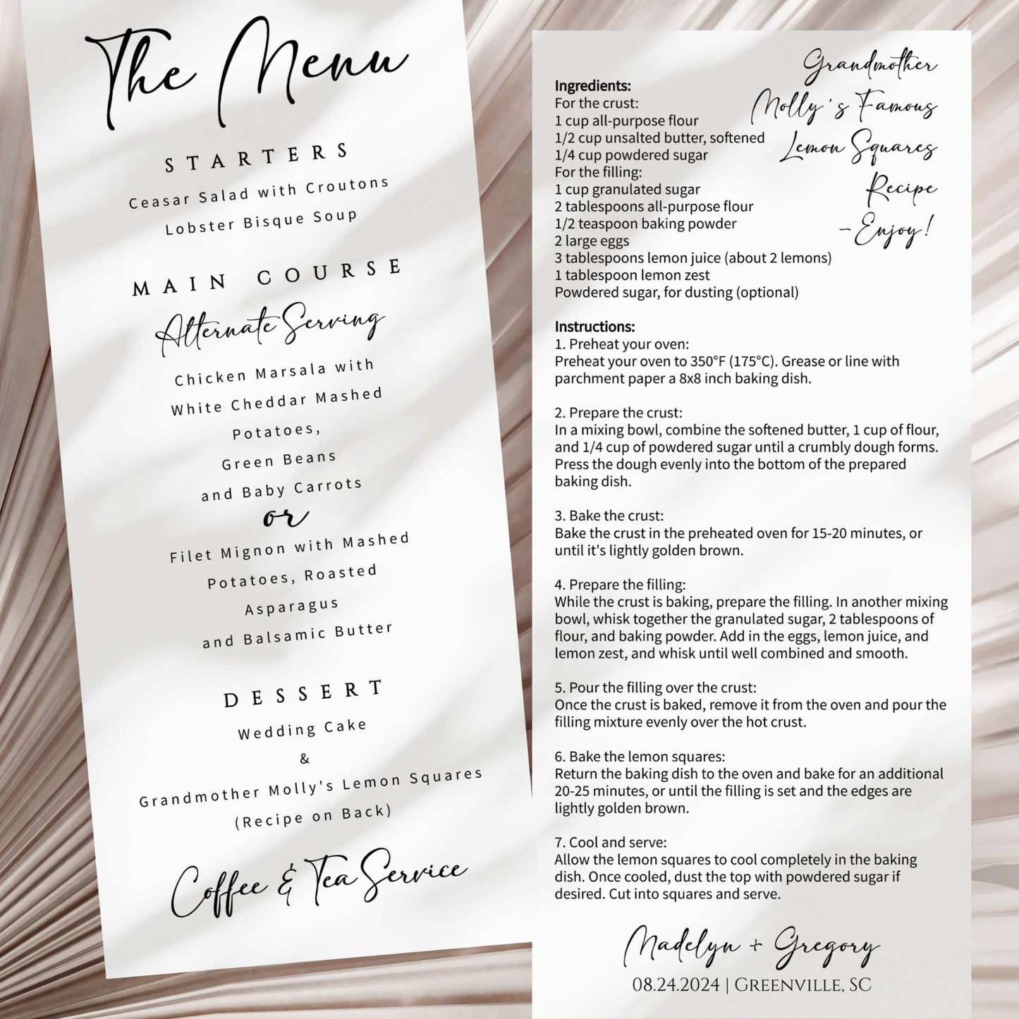 Wedding Dinner Menu, Wedding Menu Modern, Wedding Menu with Recipe, Menu Card Template, Minimalist Menu, Editable with Templett, MOD